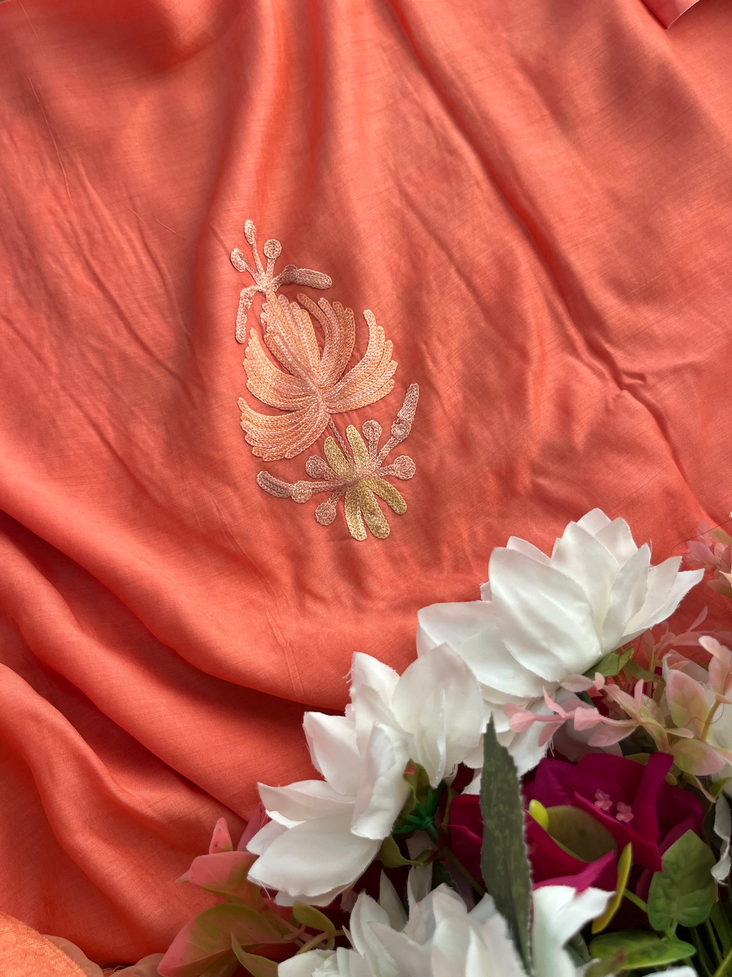 Orange Mul Cotton Shibori Work Kashmiri 3pc Suit