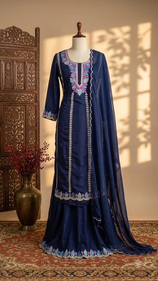 Sanam’ Navy Blue Silk Aari Embroidered Suit material