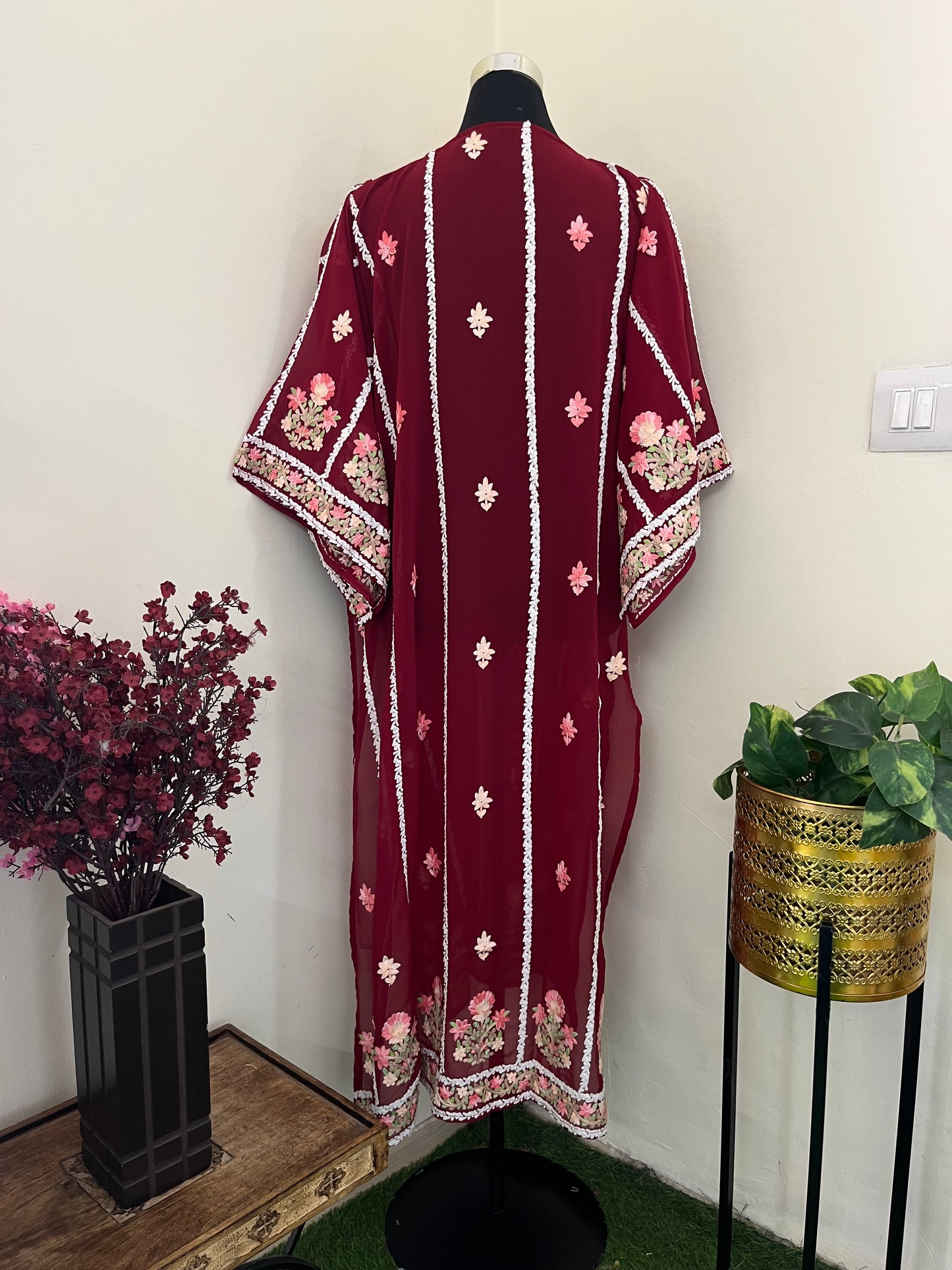 Maroon Georgette All over Work Aari Embroidered Unstitched Kurta