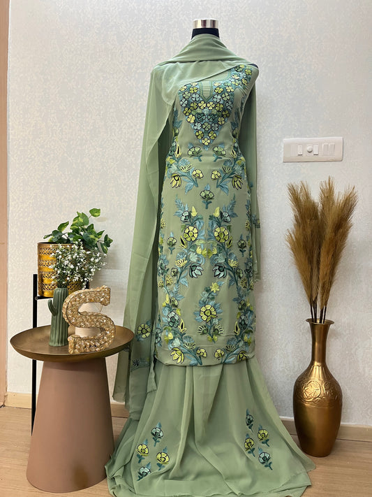 Mint Green Georgette 3 Pc Kashmiri Suit