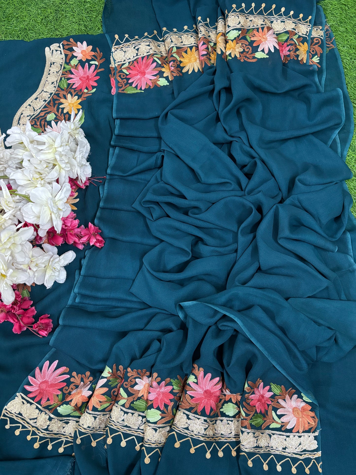 Peacock Blue Pure Georgette Kashmiri Suit