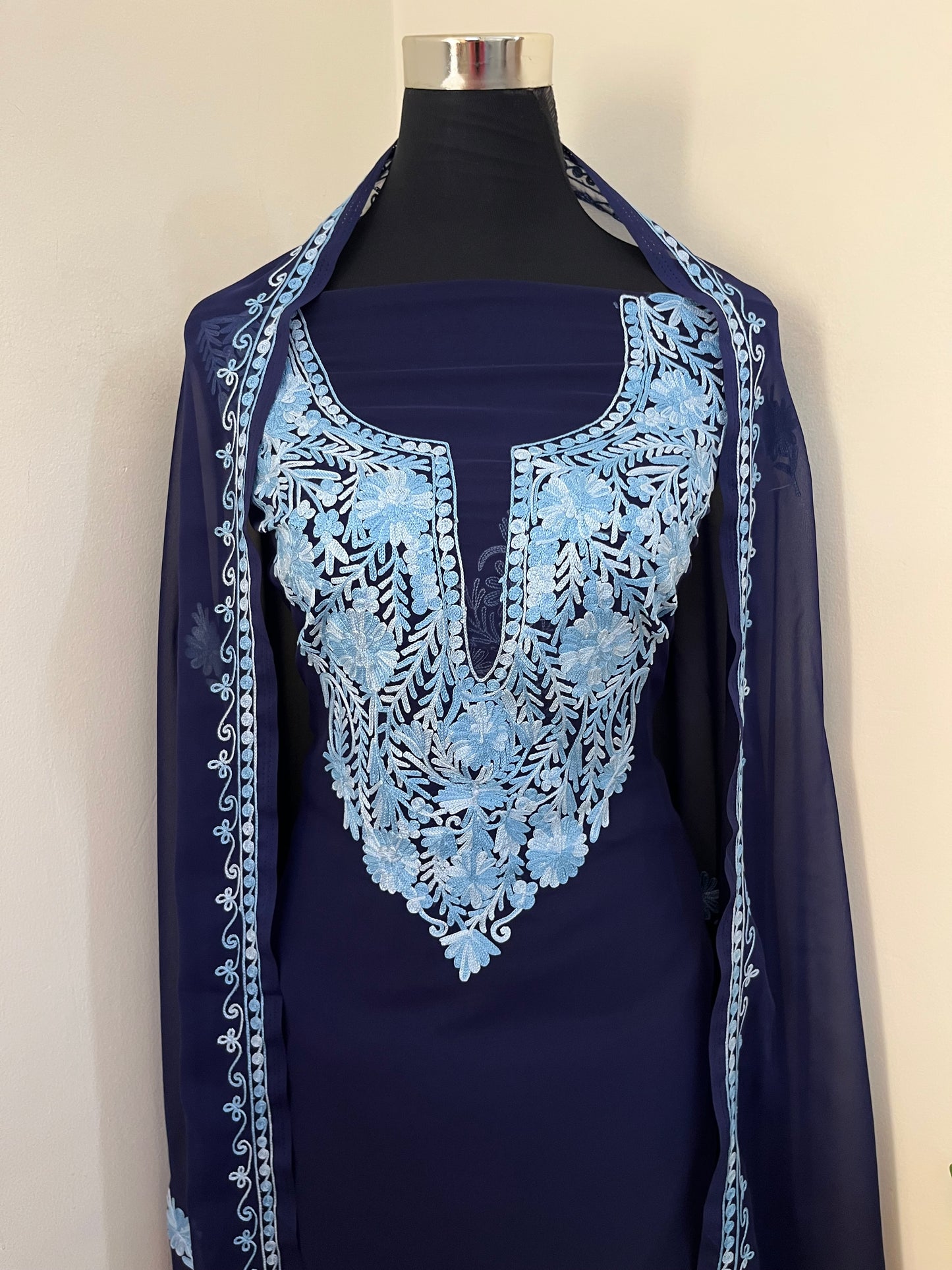 Navy blue Georgette 3 Pc Aari Embroidered Suit Set