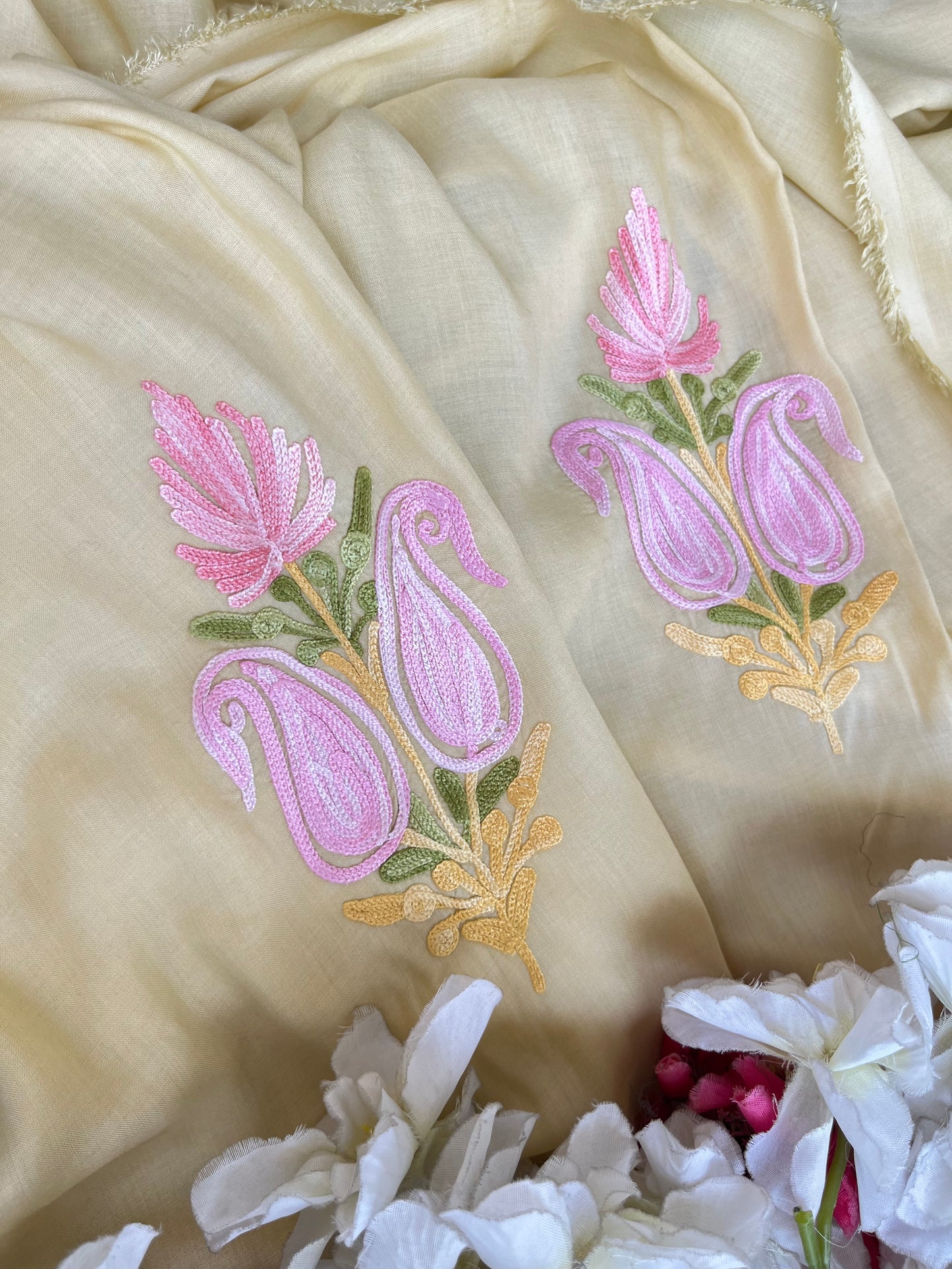 Beige Muslin Cotton Jaal Sleeves Kashmiri 3pc Suit