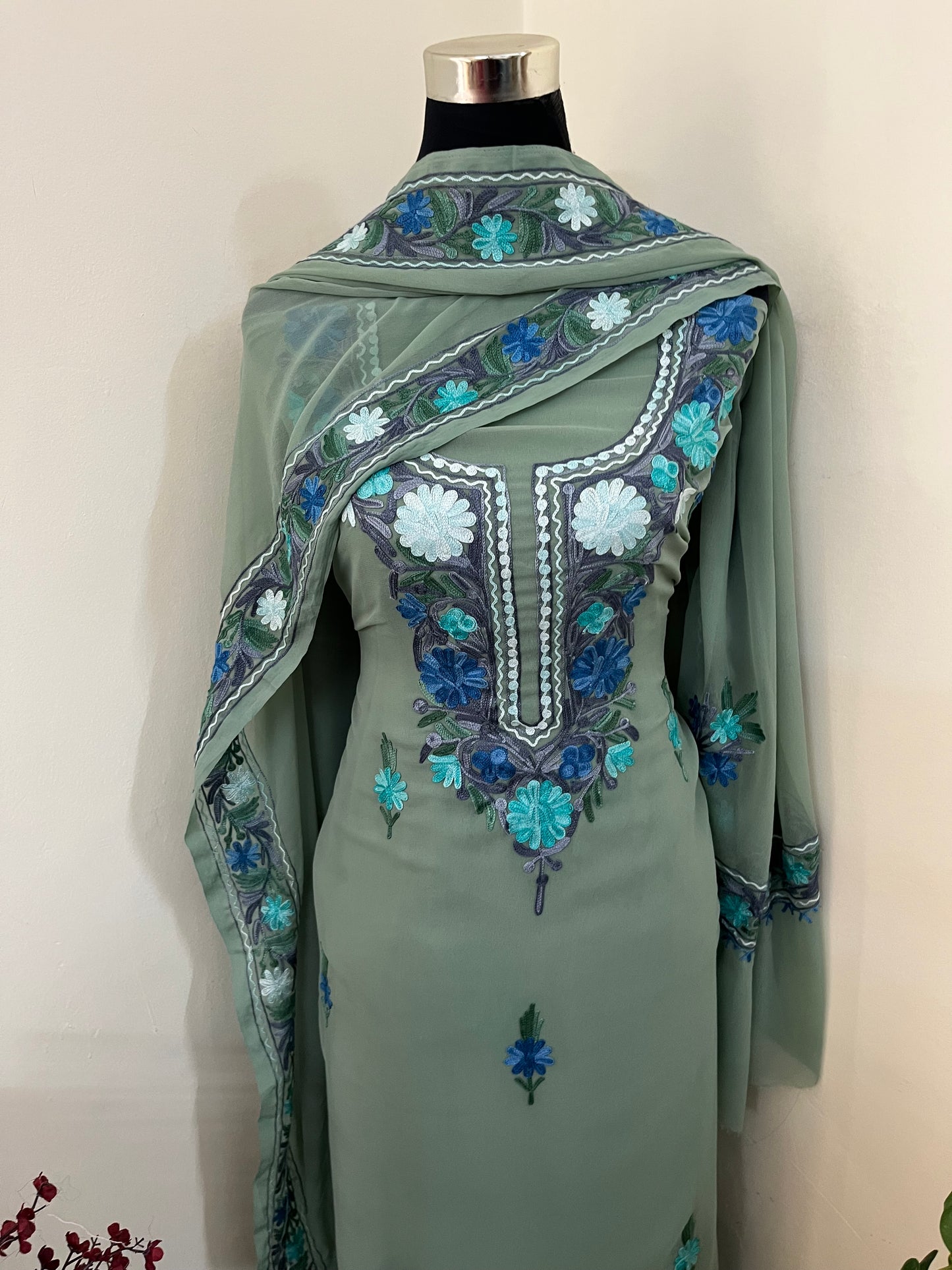 Tea Green Georgette 3 Pc Aari Embroidered Suit Set