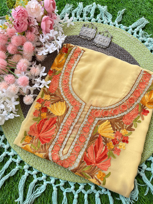 Golden Beige Georgette Aari Embroidered Unstitched Kurta Material