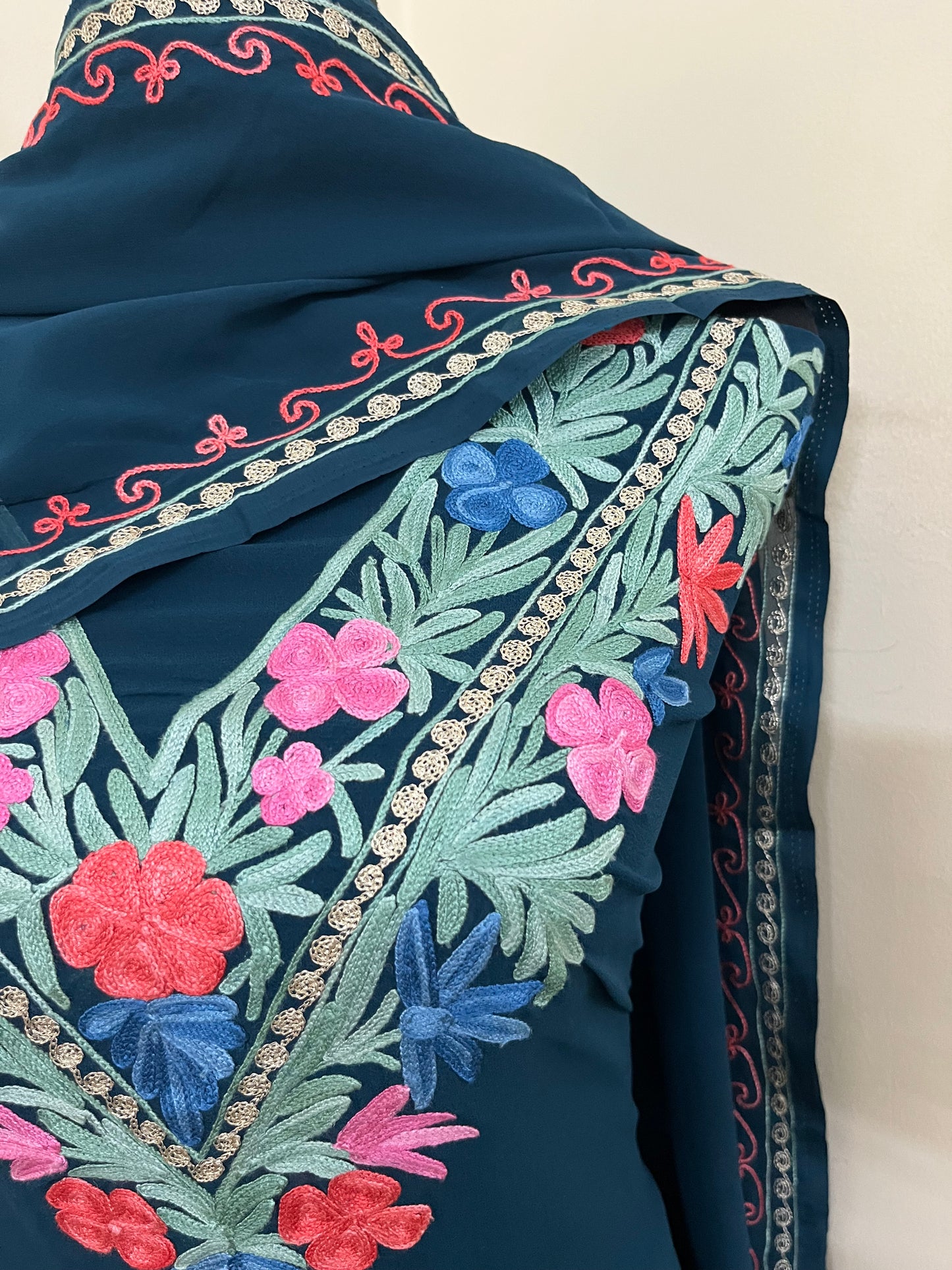 Teal blue Georgette 3 Pc Aari Embroidered Suit Set