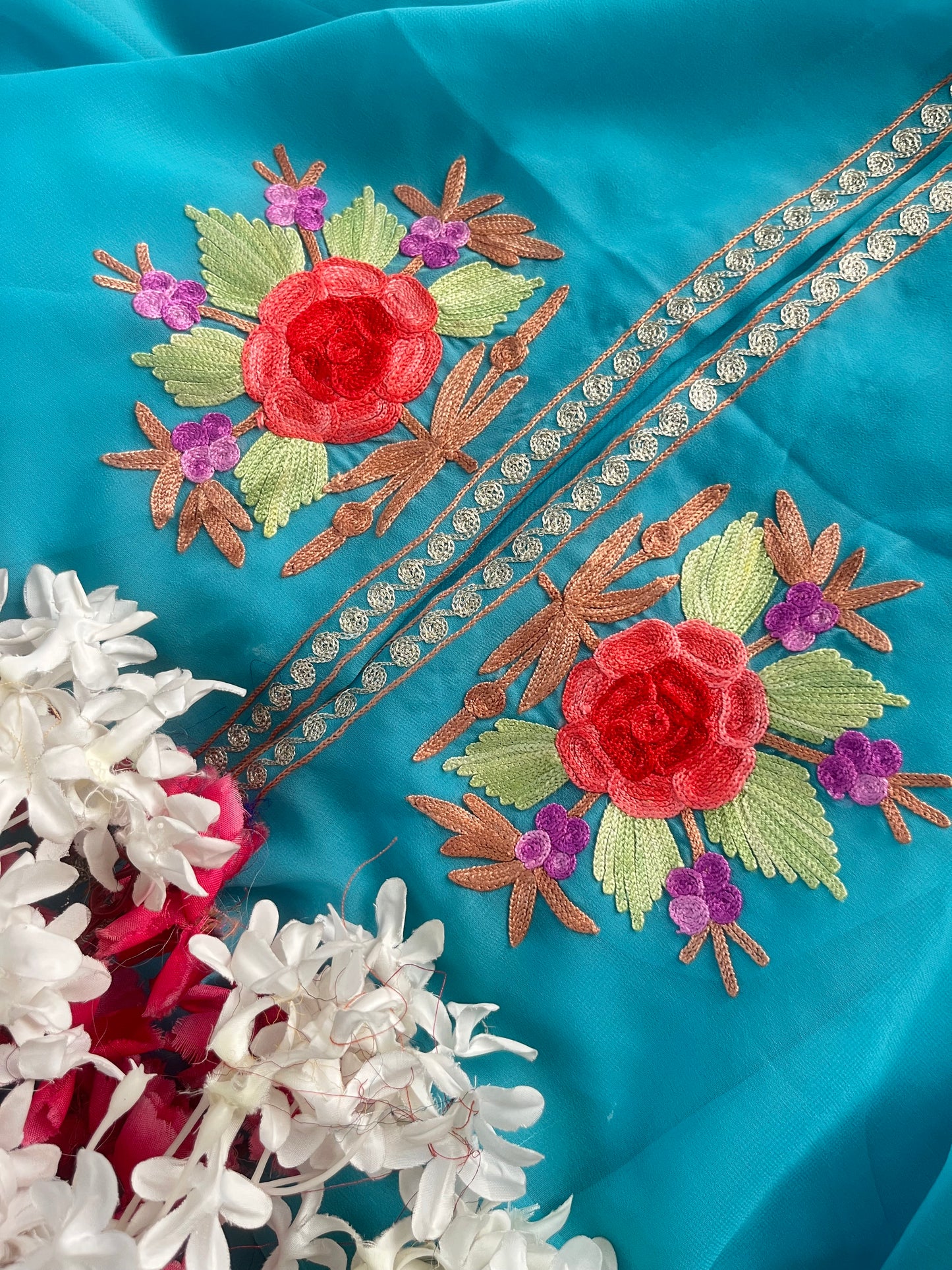 Firozi Blue Georgette 3pc Aari Embroidered Suit