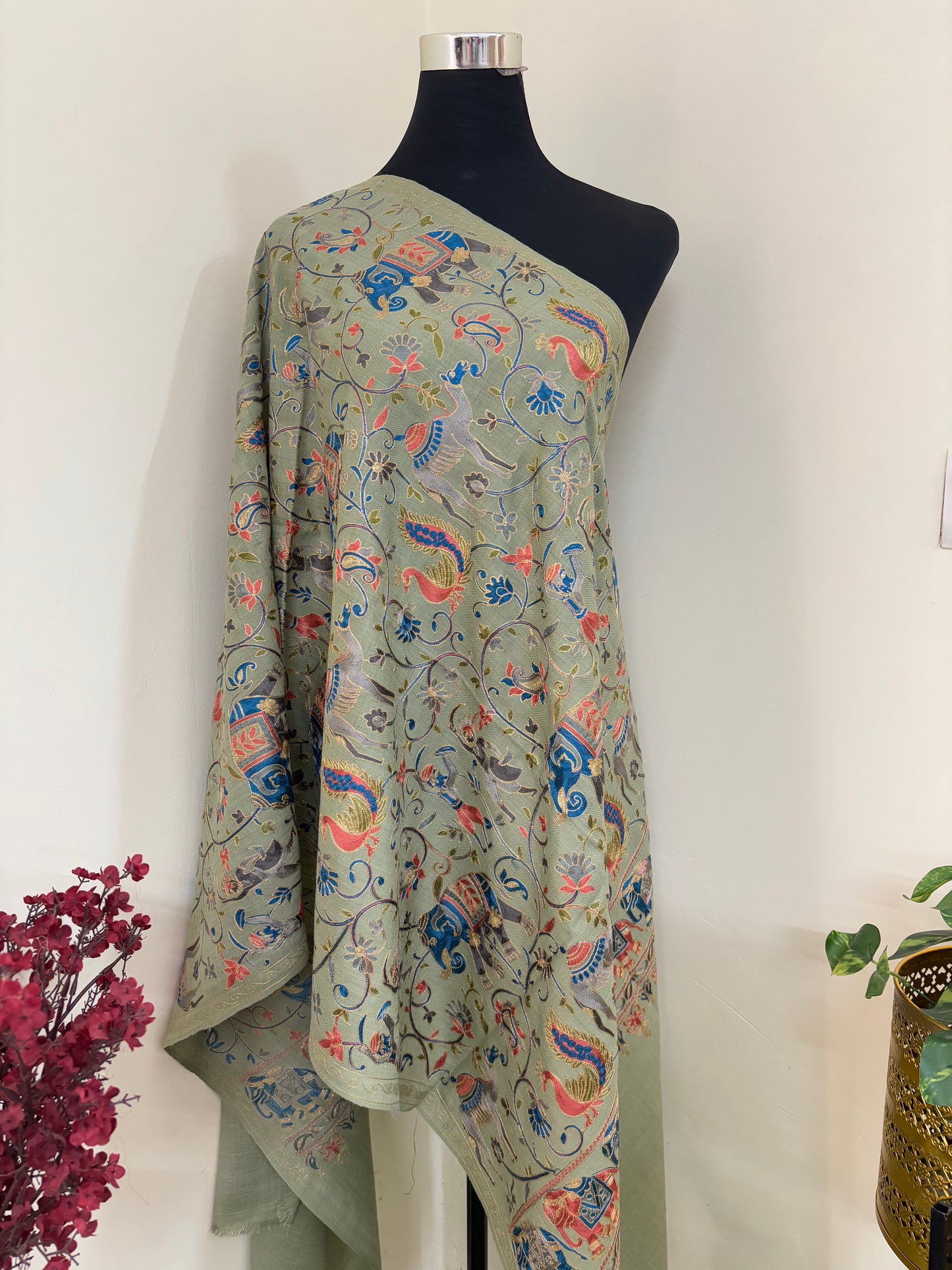 Pista Haathi Baag Kashmiri Stole