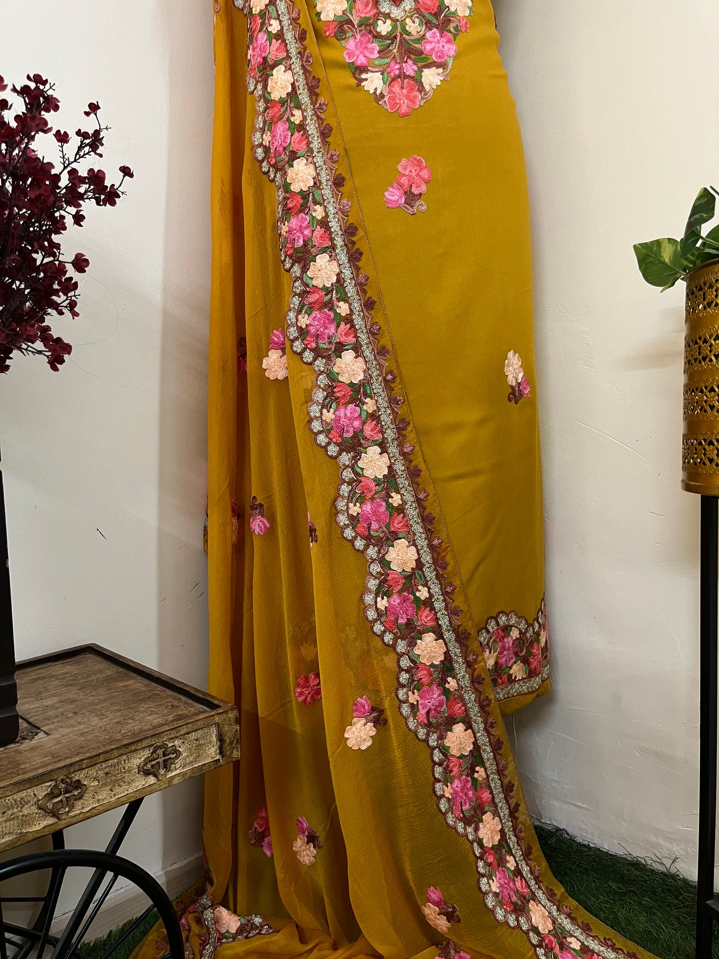 Mustard Yellow Rayon Cotton Kashmiri 3pc set
