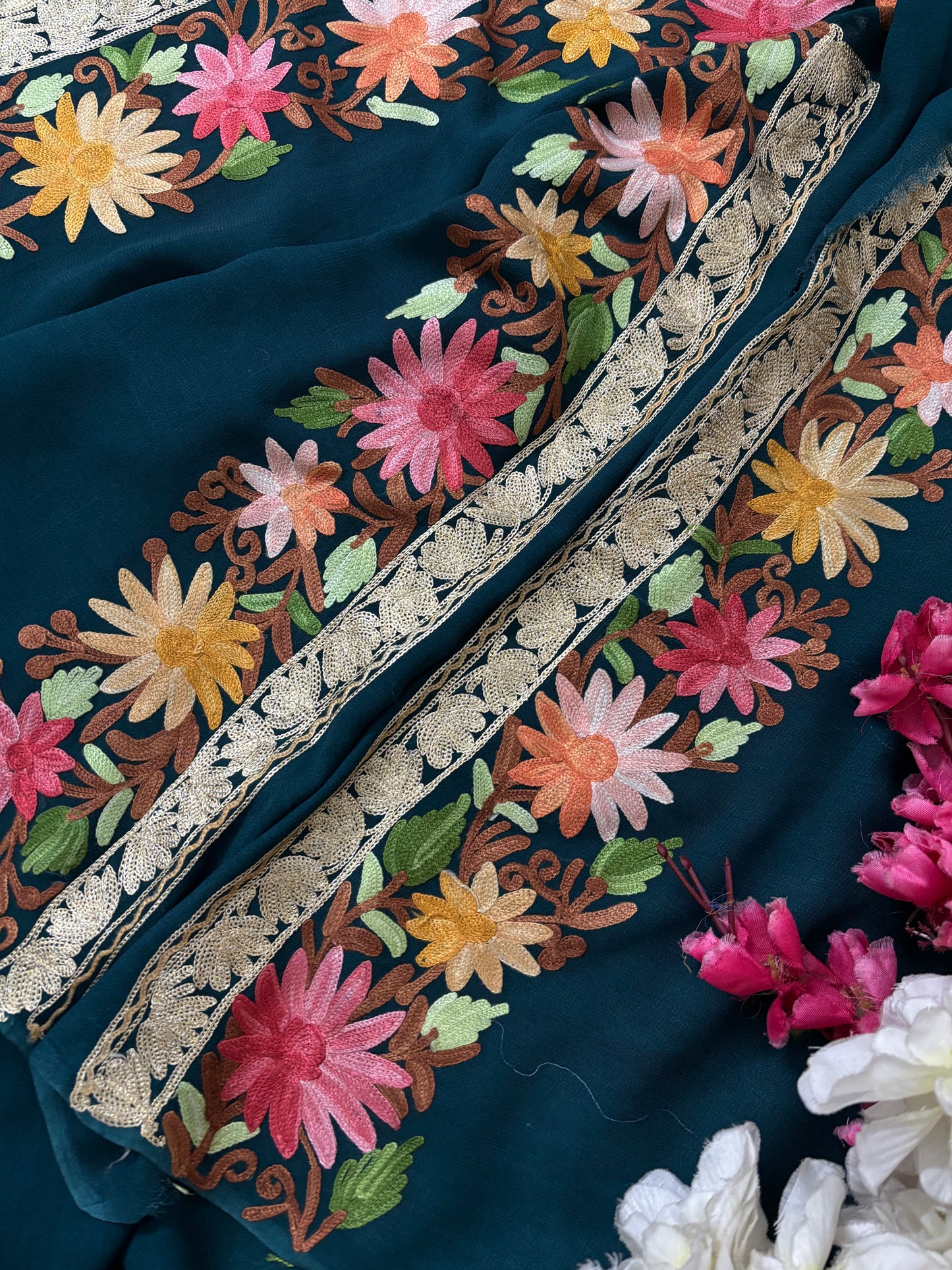 Peacock Blue Pure Georgette Kashmiri Suit