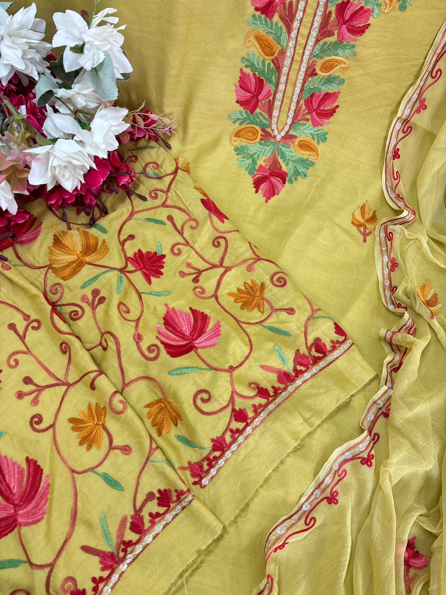 Soft Green Muslin Cotton Jaal Sleeves Kashmiri 3pc Suit