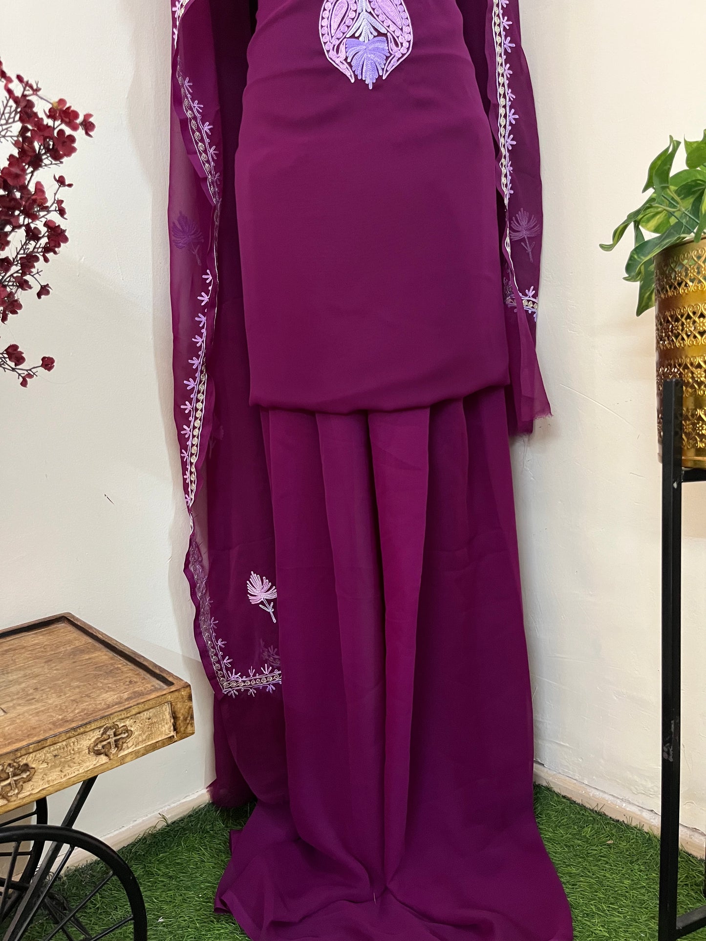 Wine Georgette 3 Pc Aari Embroidered Suit Set