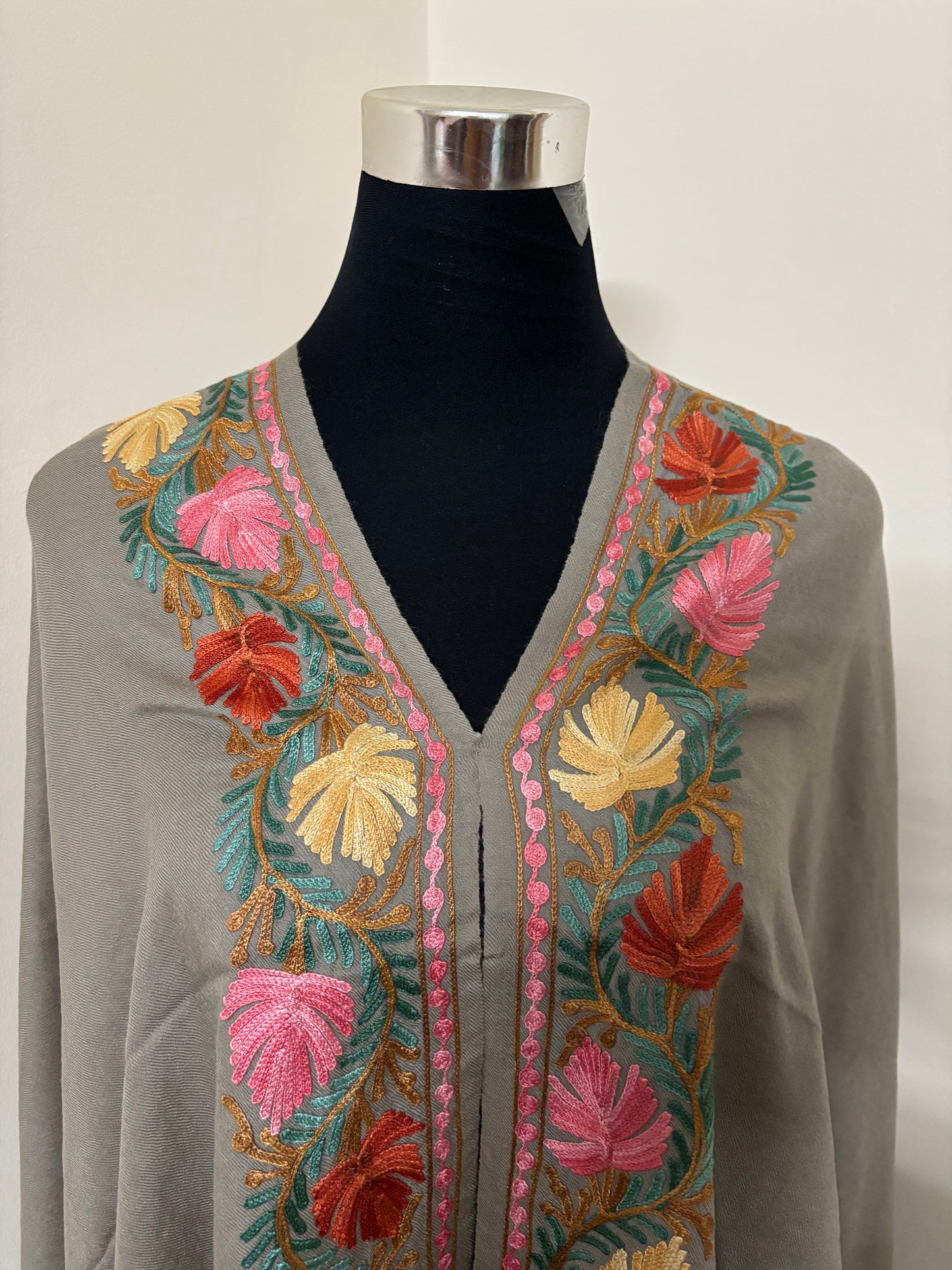 Beige Aari Embroidered Pure Wool Cape