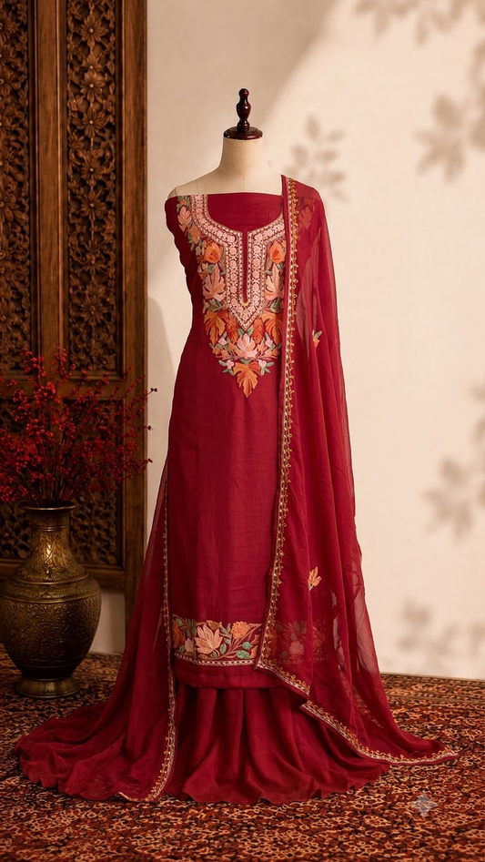 Maroon Opada Silk Aari Embroidered Suit material