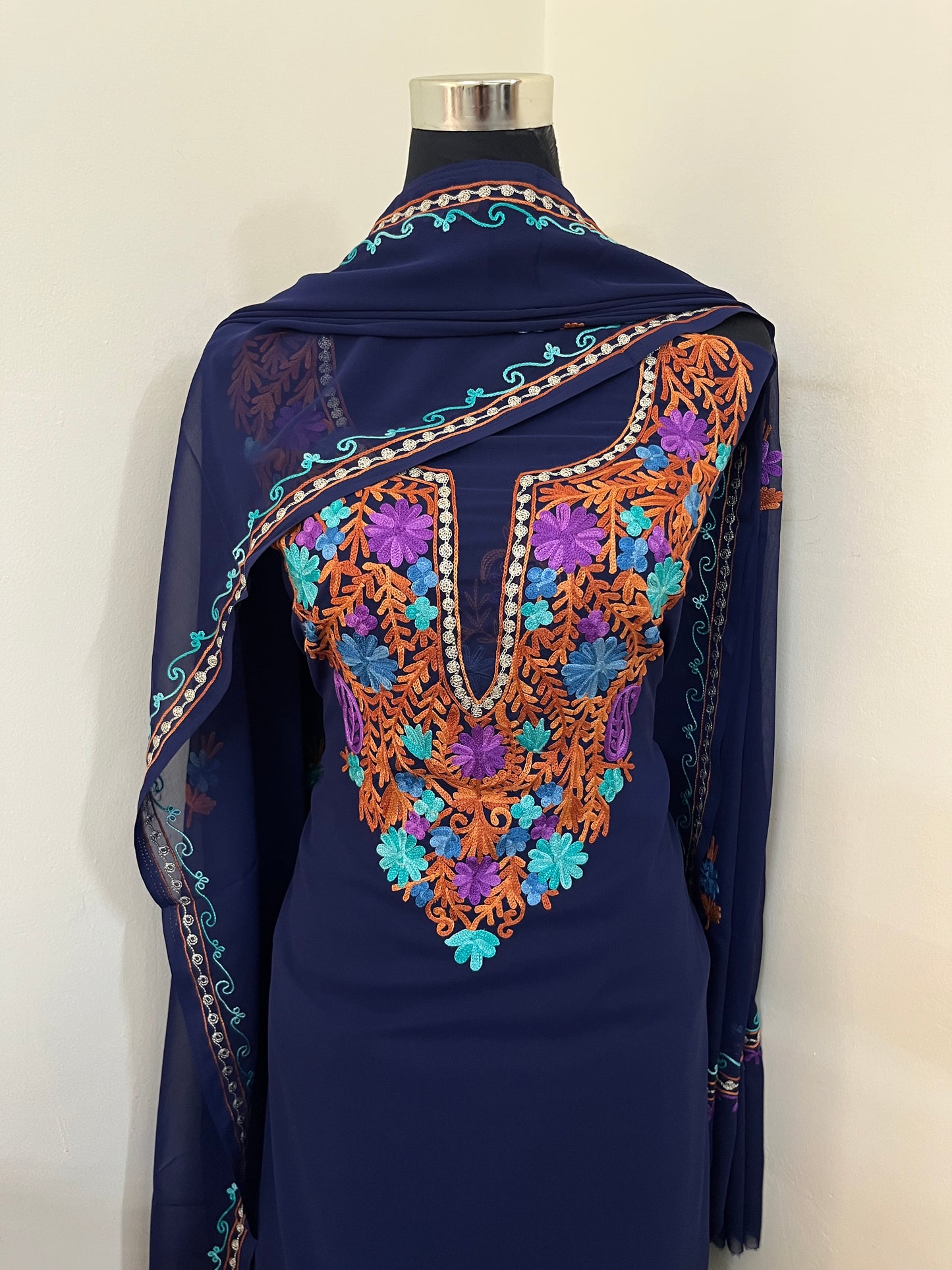 Blue Georgette 3 Pc Aari Embroidered Suit Set