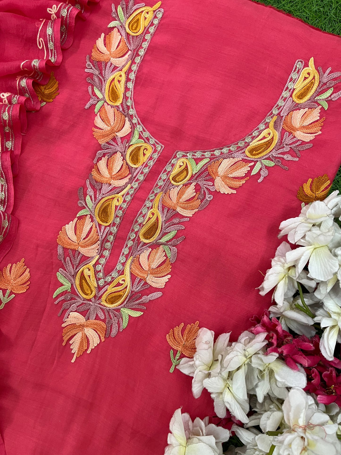 Carrot Red Muslin Cotton Jaal Sleeves Kashmiri 3pc Suit
