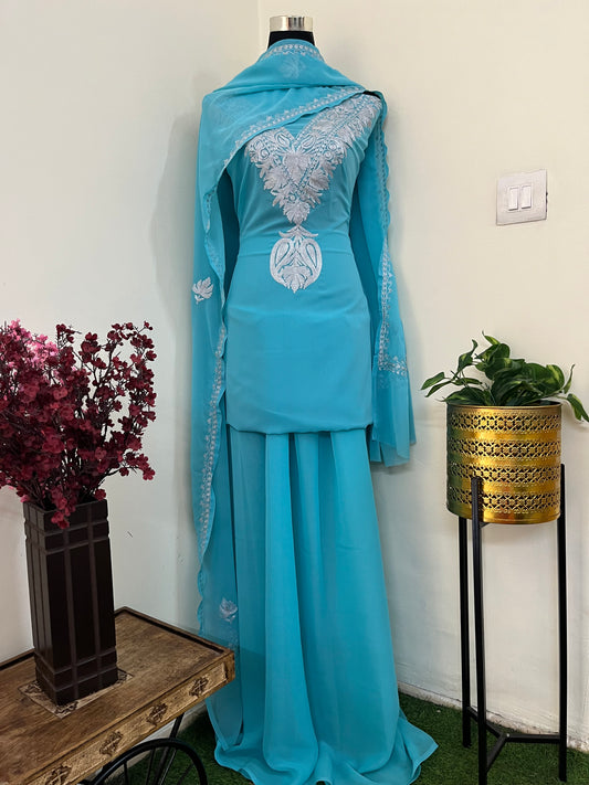 Sky blue Georgette 3pc Kashmiri Tilla Suit
