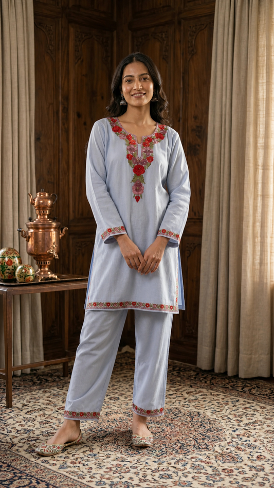 Ice Blue Cotton Stitched Co-ord Set (42)