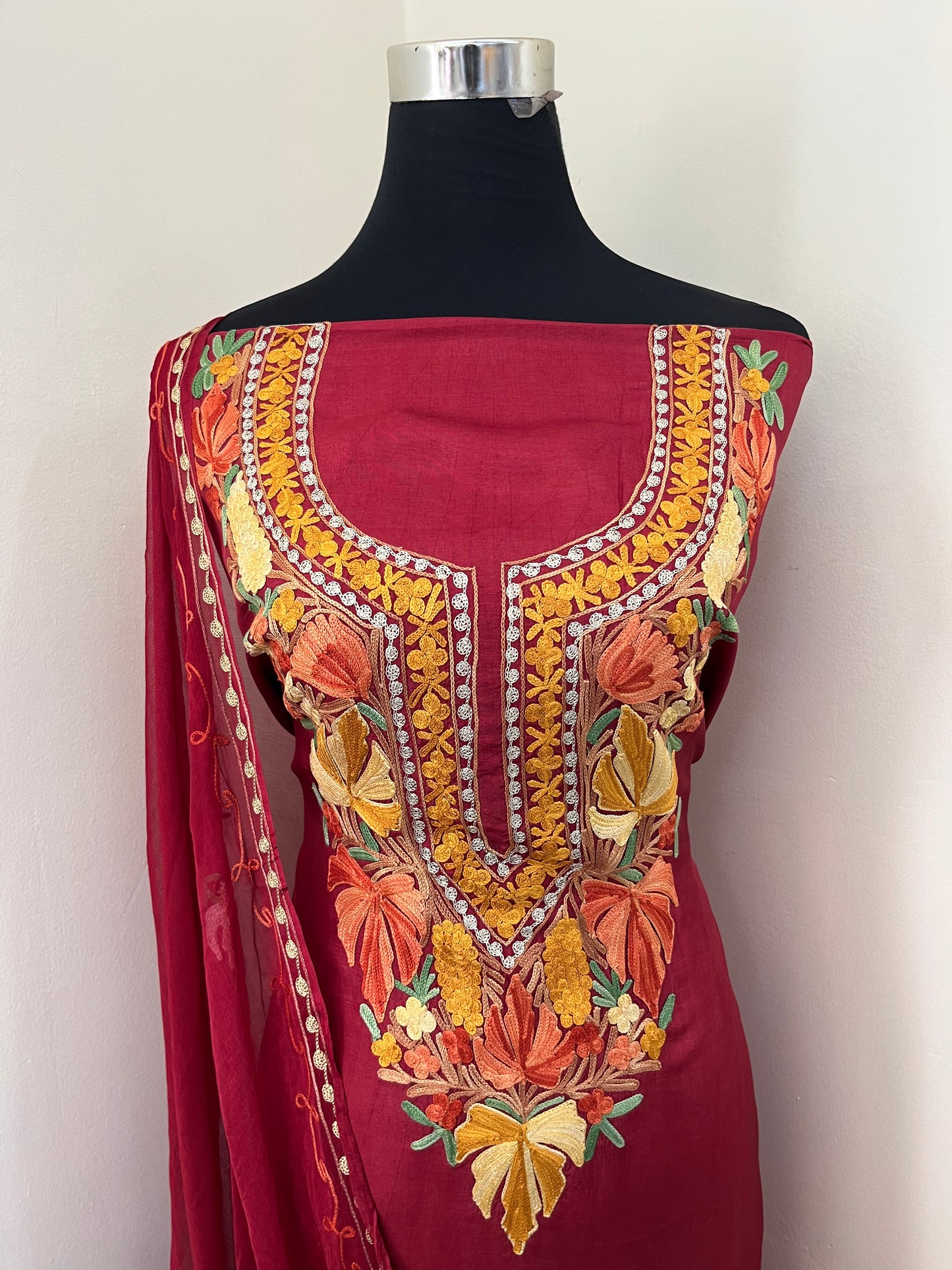Maroon Opada Silk Aari Embroidered Suit material