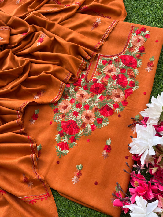 Orange Woollen Aari Embroidered 3pc suit