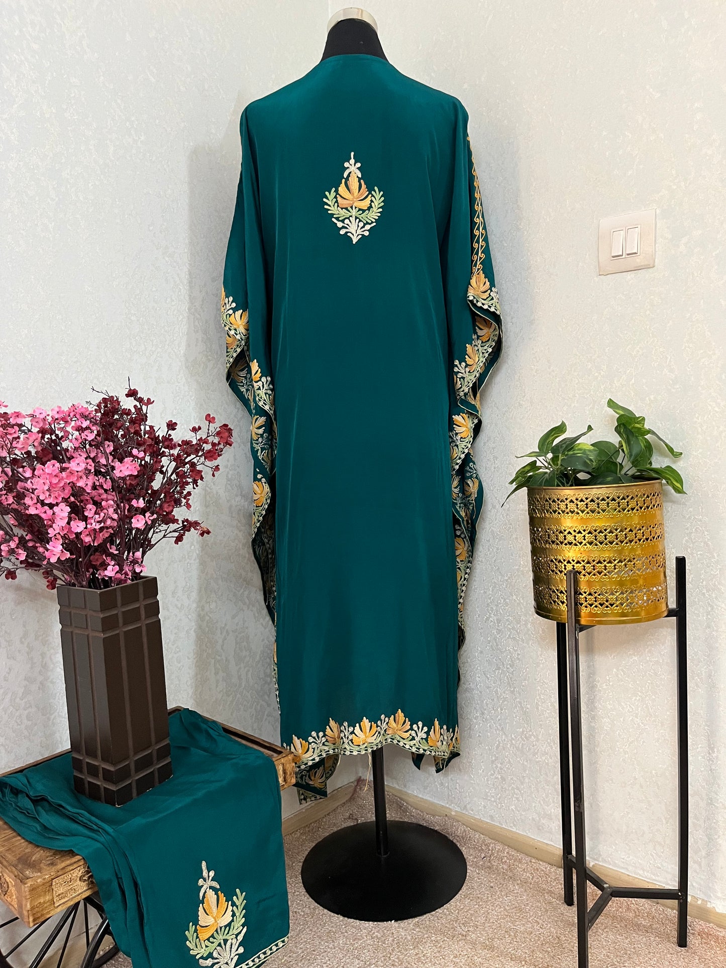 Green Pure Crape Kashmiri Kaftan