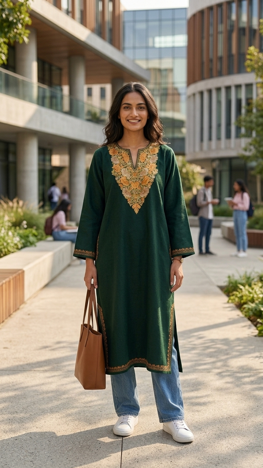 Green Aari Embroidered Wool Pheran
