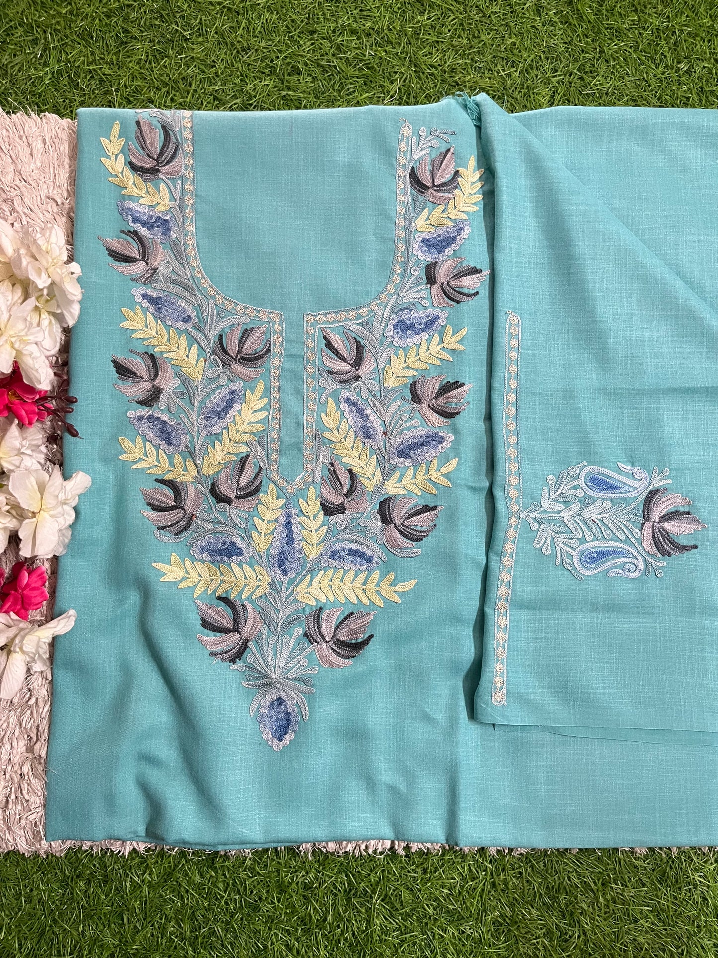 Sky Blue Cotton Unstitched Aari Work Kurti