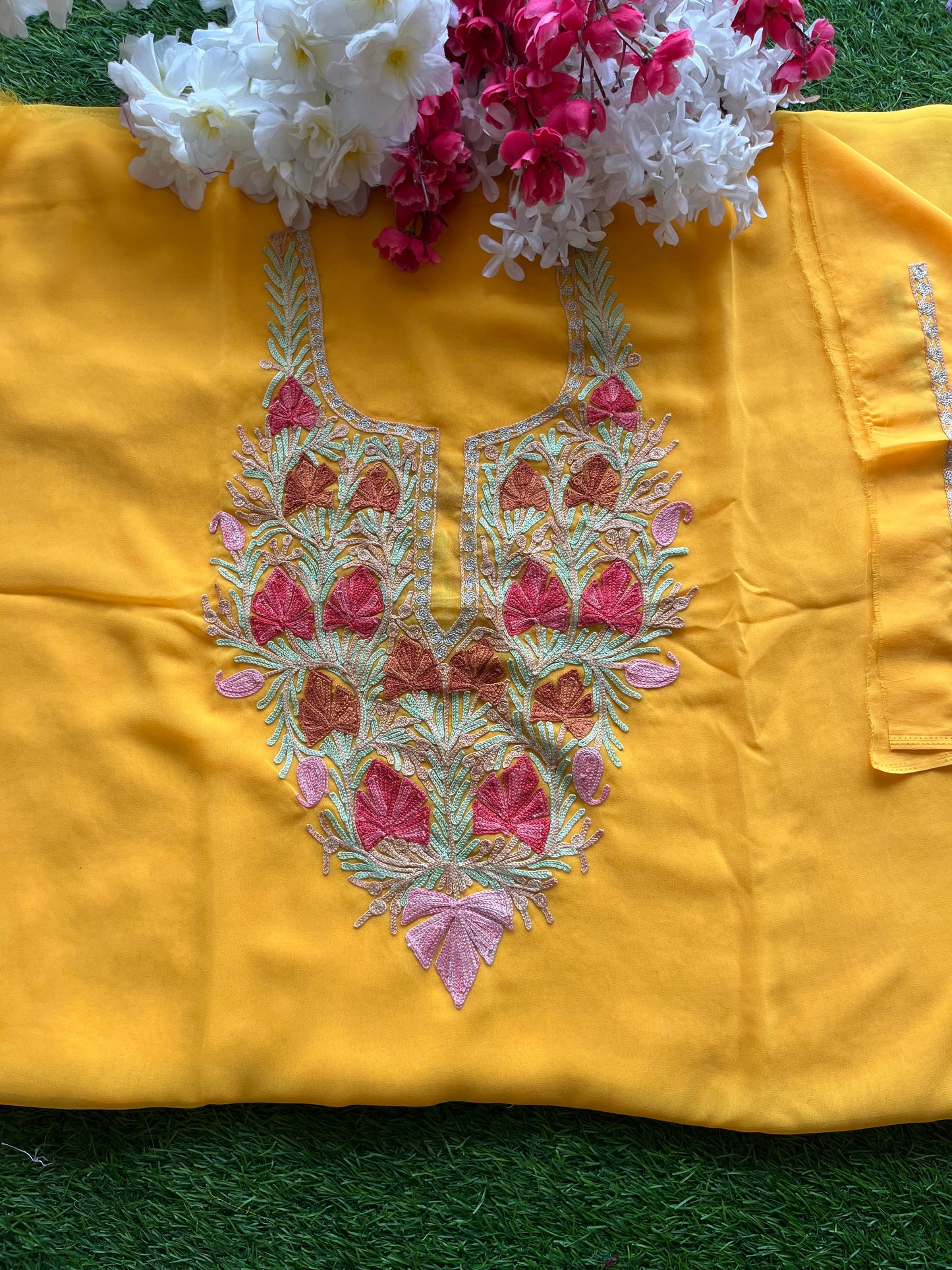 Yellow Georgette Aari Embroidered Unstitched Kurta Material