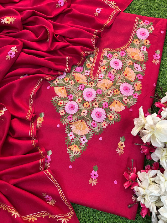 Red Woollen Aari Embroidered 3pc suit