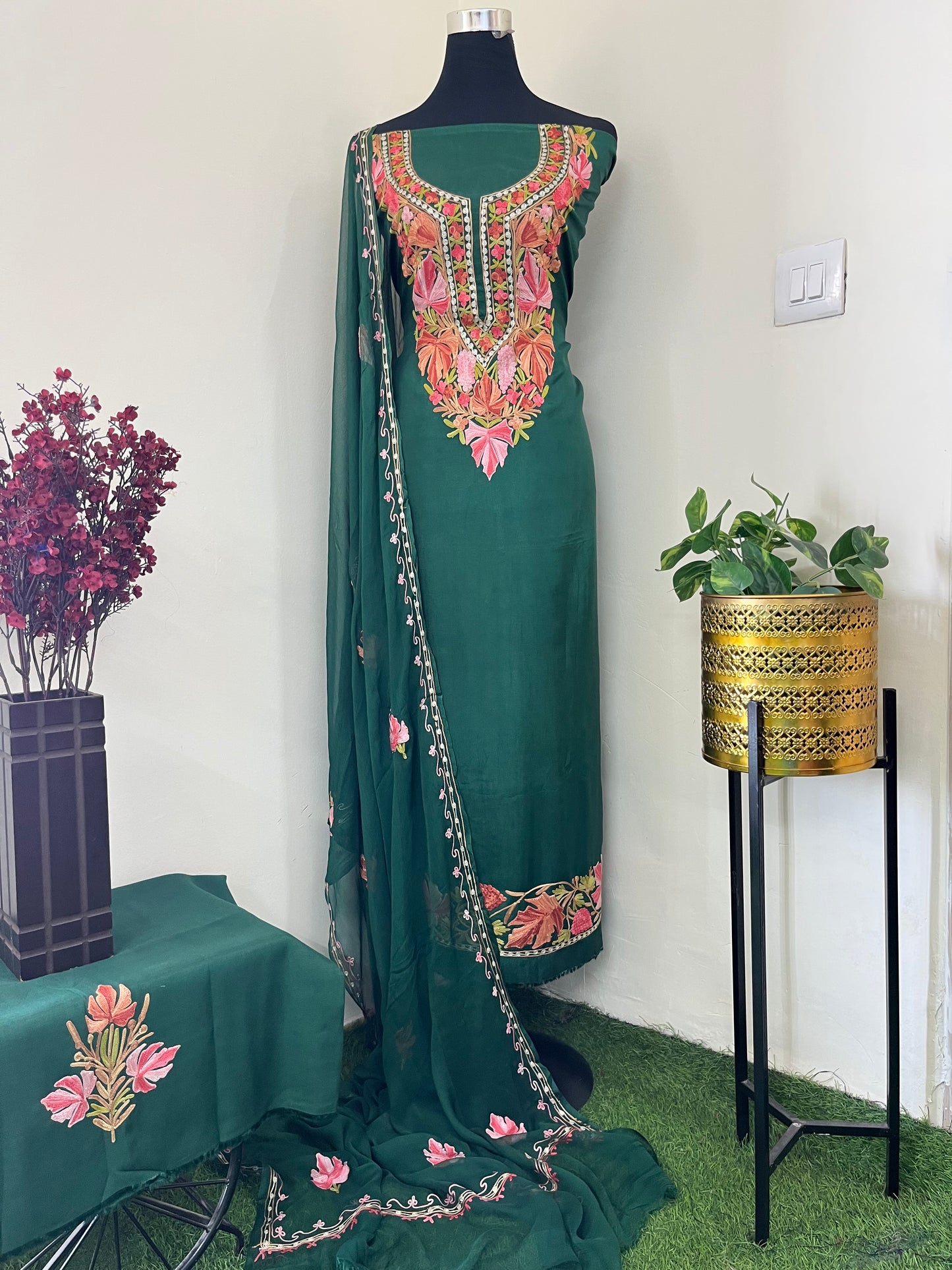 Bottle Green Opada Silk Aari Embroidered Suit material