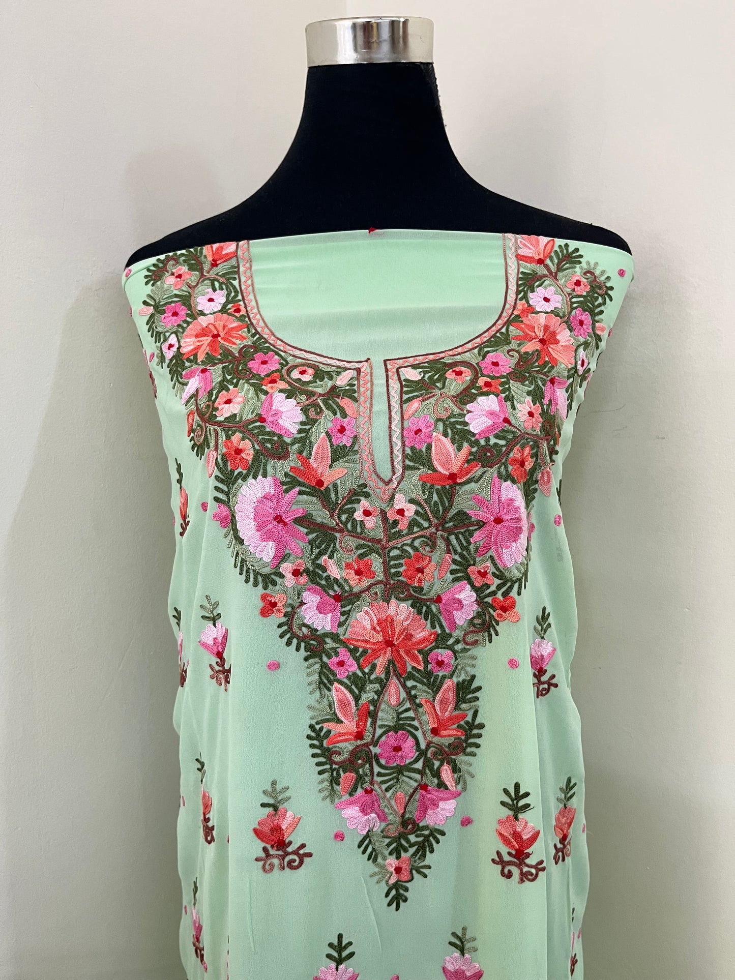 Tea Green Georgette Kashmiri Kurta Material