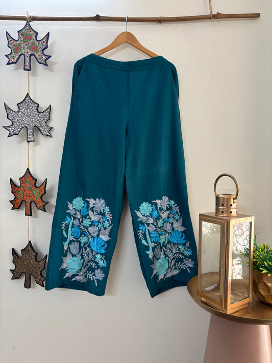 Women Green Wide Leg Solid Embroidered Palazzos