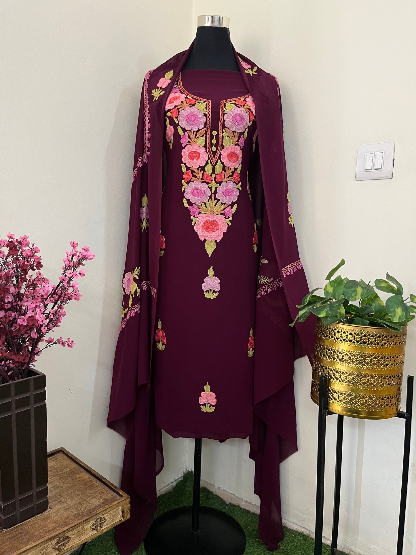 Wine Georgette 3 Pc Aari Embroidered Suit