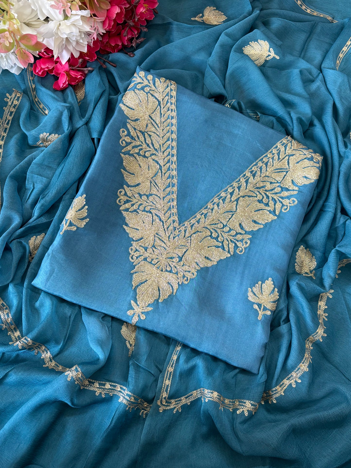 Sanam’ Pastel Blue Silk Tilla Kashmiri Suit