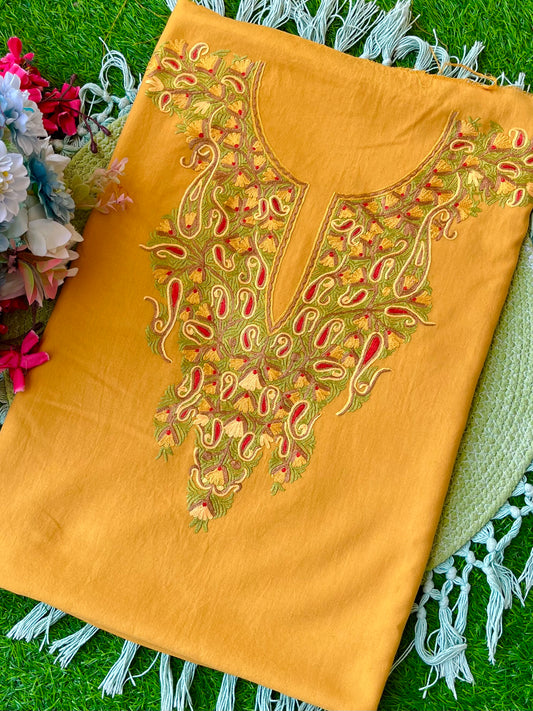 Mud Yellow Cotton Two Piece Suit (Hand Embroidered)