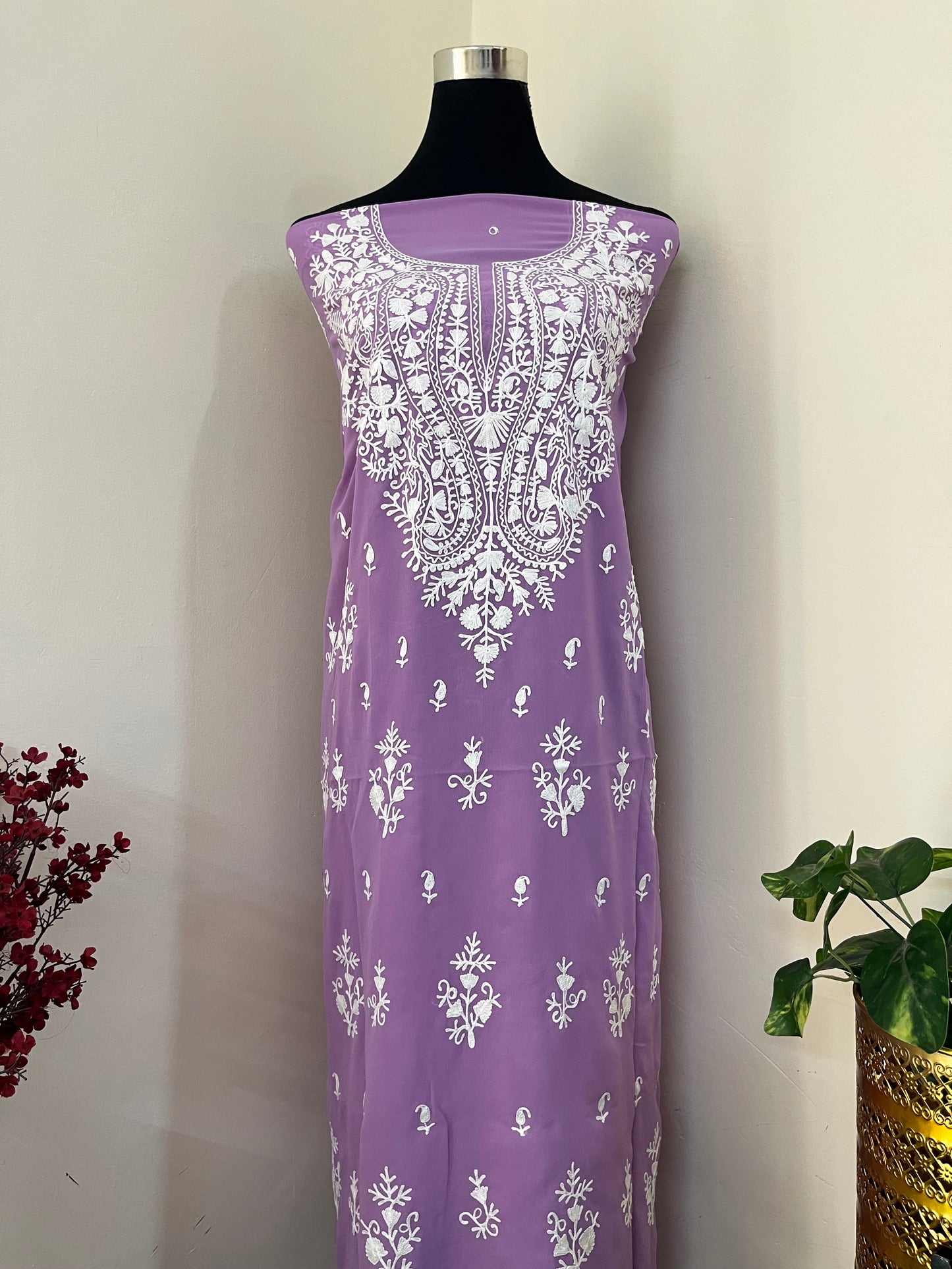Lavender Georgette Kashmiri Unstitched Kurta Material