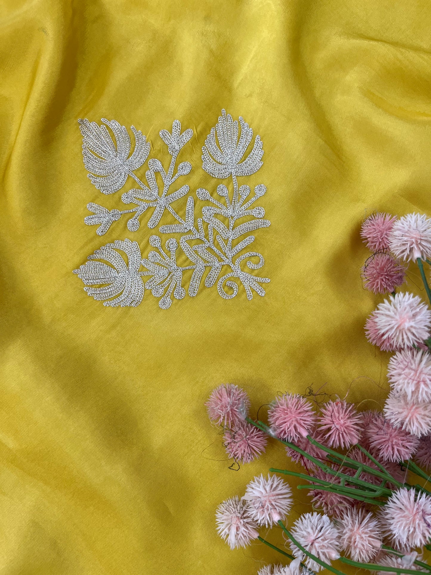 Sanam Golden Yellow Silk Kashmiri Suit with Potli