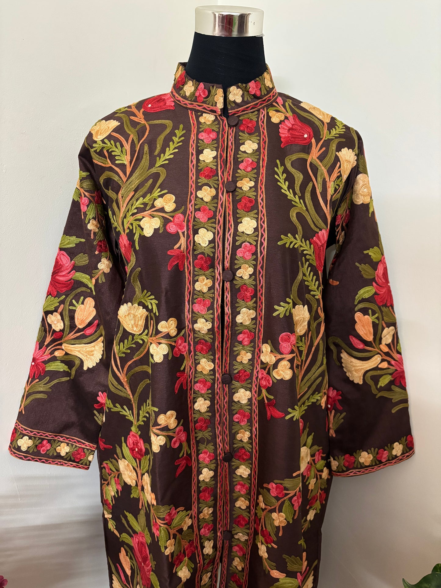 Coffee Brown Aari Embroidered Silk Jacket XXL