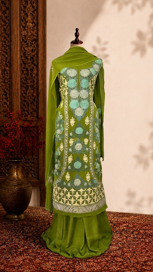 Henna Green Pure Georgette 3 Pc Heavy Kashmiri Suit
