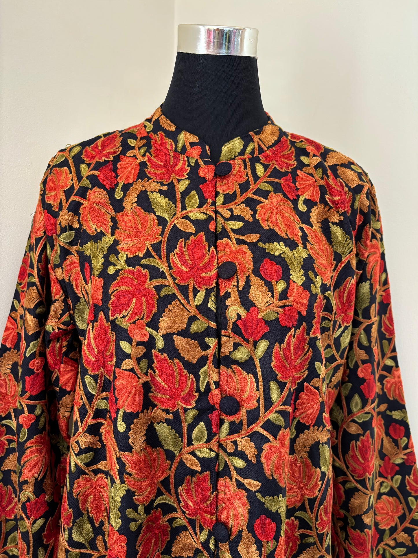 Black Aari Embroidered Pure Wool Jacket XXL