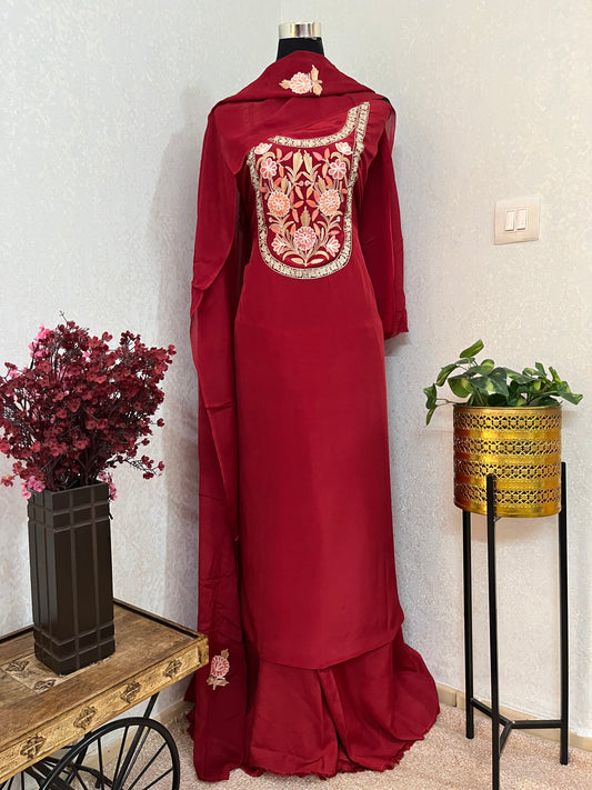 Maroon Kalaa Crape Kashmiri Suit