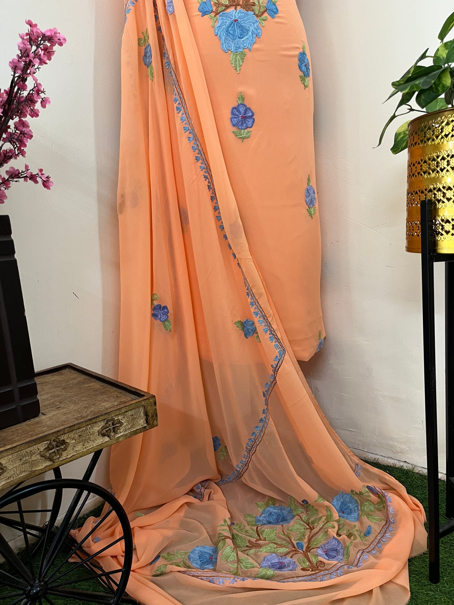 Light orange Georgette 3 Pc Aari Embroidered Suit