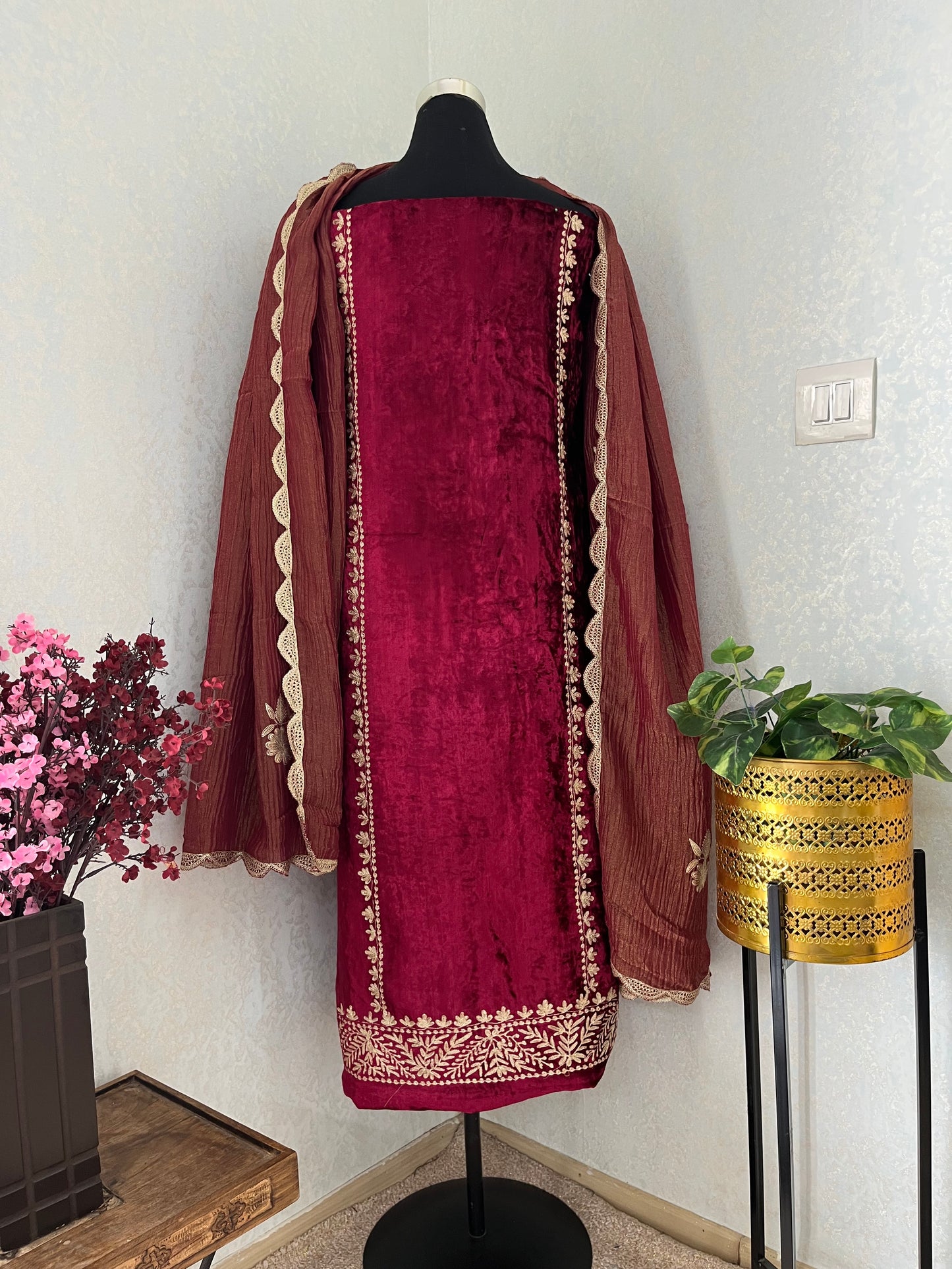 Maroon Tilla Pure Makhmal 3pc Suit