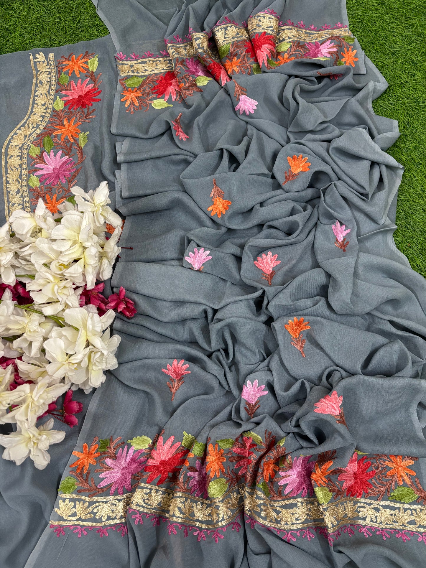 Grey Pure Georgette Kashmiri Suit