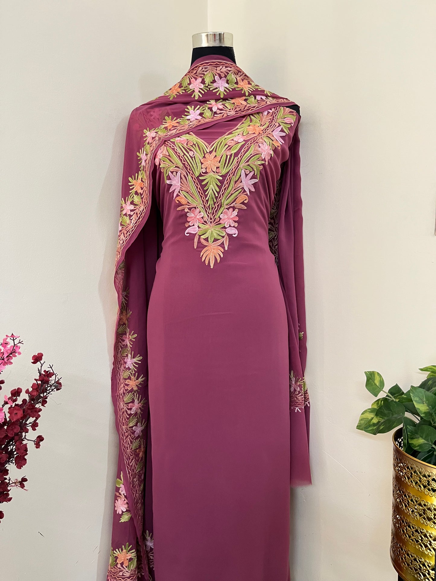 Onion Pink Georgette 3 Pc Kashmiri Suit