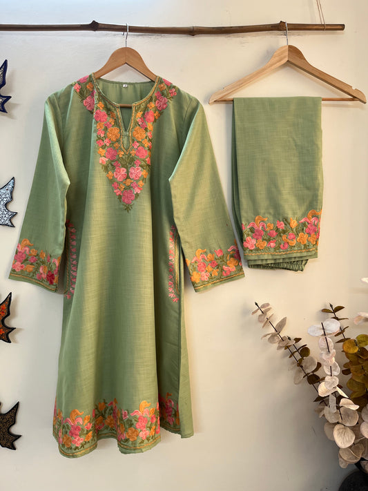 Pastel Green Cotton Stitched Co-ord Set (L)