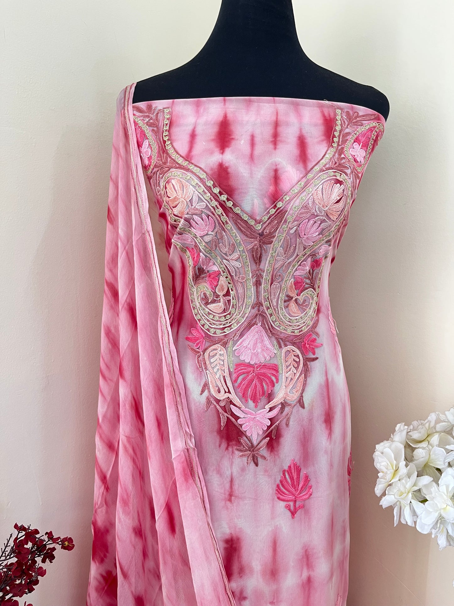 Rose Pink Pure Georgette Ty Dy Kashmiri Suit