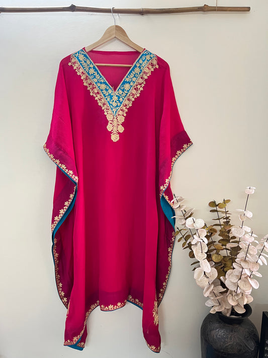Hot Pink Pure Chiffon Kashmiri Kaftan
