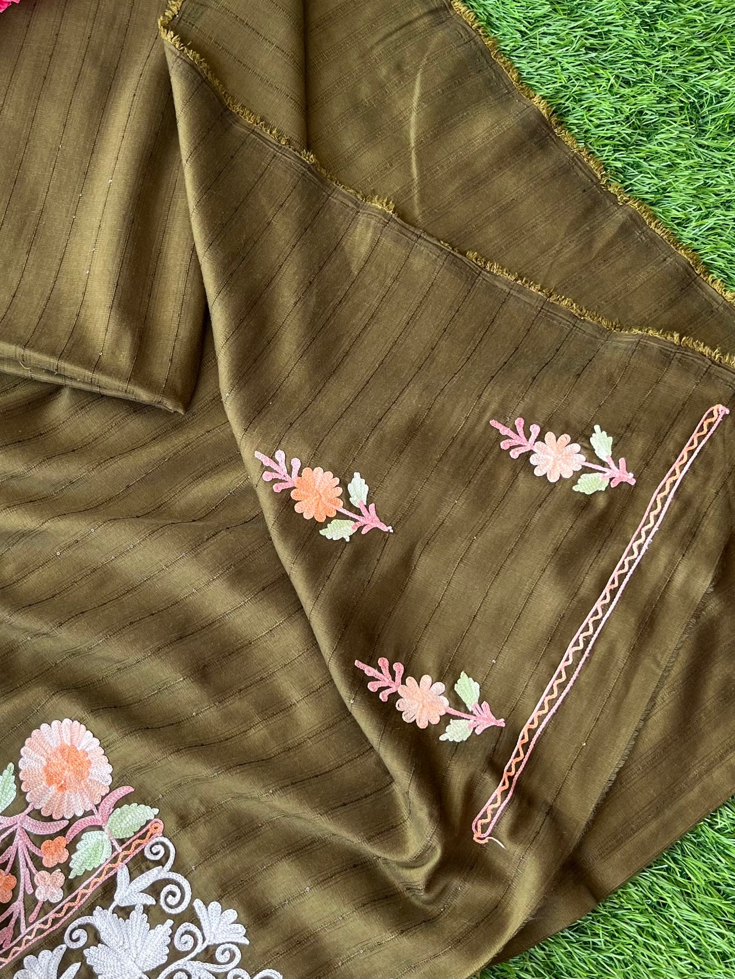 Henna Green Muslin Cotton Striped Pattern Unstitched Co-ord Set