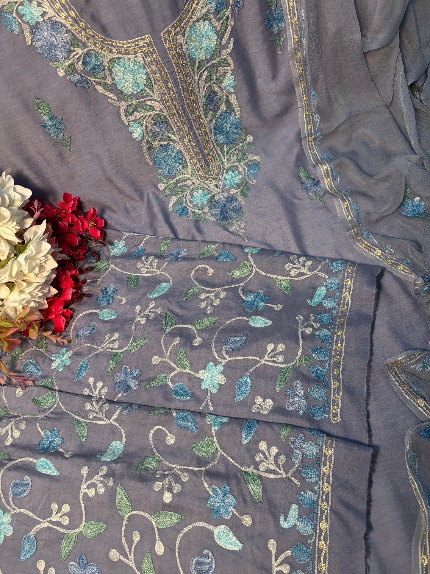 English Grey Muslin Cotton Jaal Sleeves Kashmiri 3pc Suit